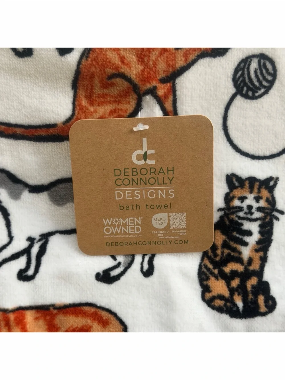 Deborah Connolly 4pc Cat Print Bath & Hand Towel Set White Orange Decor Gift NWT